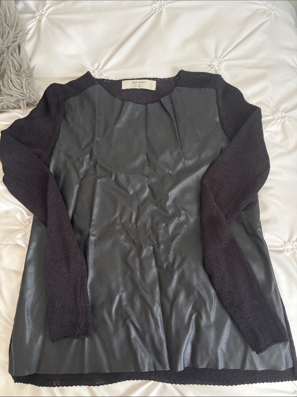 ZARA - Black Faux Leather Front Crewneck Sweater